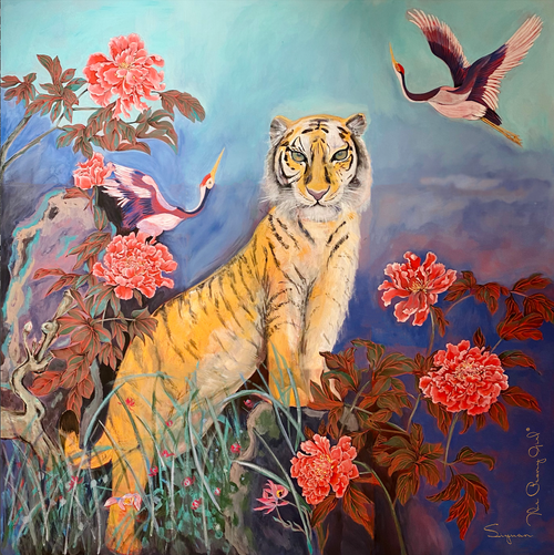A nine-panel painting exploring hope, harmony and renewal through the symbolic language of the tiger, cranes and peonies.