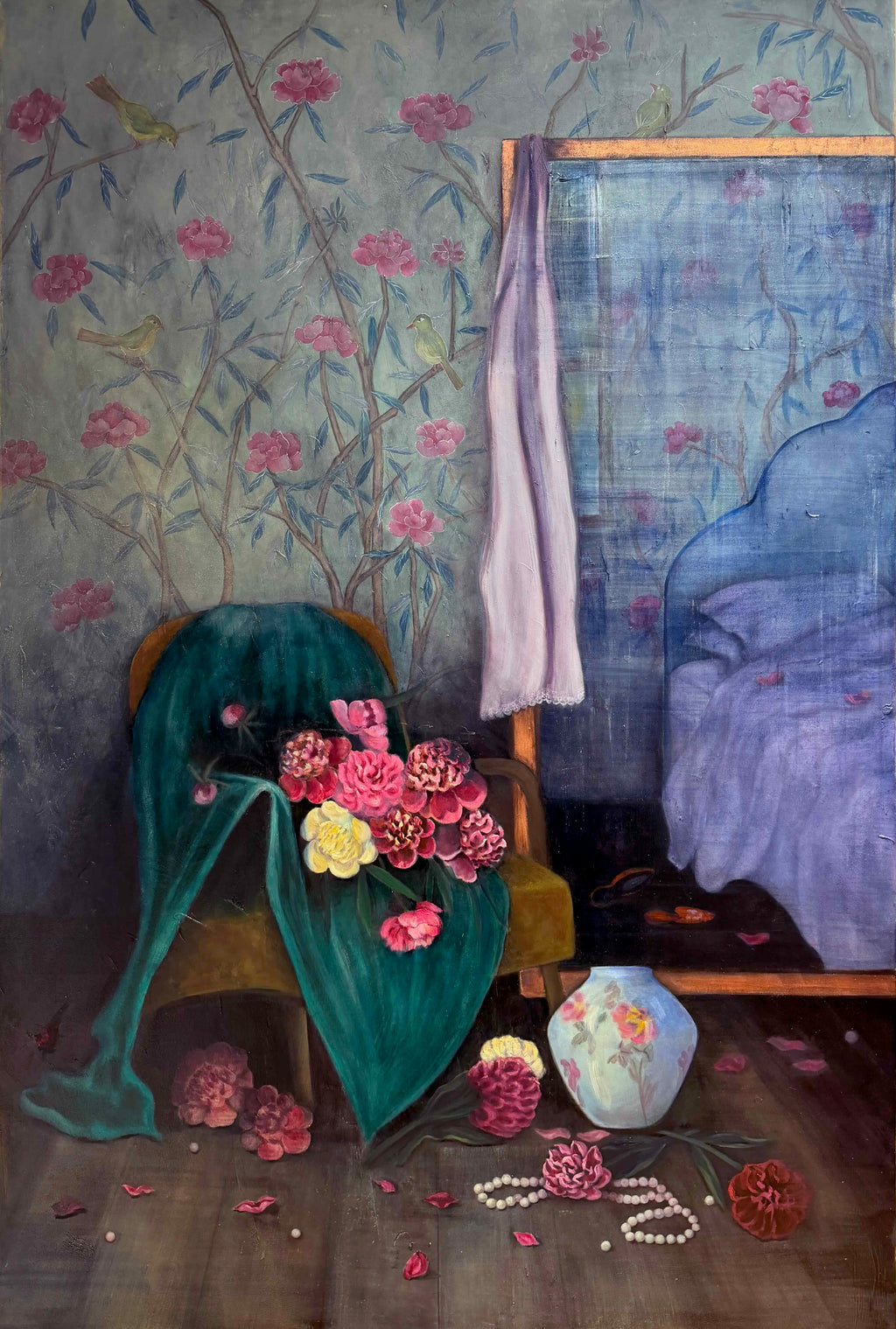 Beauty Where Peonies Fall explores how beauty can hold joy, longing and quiet melancholy at the same time. Through expressive peonies within a Chinoiserie-inspired interior, the painting invites a deeper reflection on emotion, impermanence and what makes beauty truly meaningful.