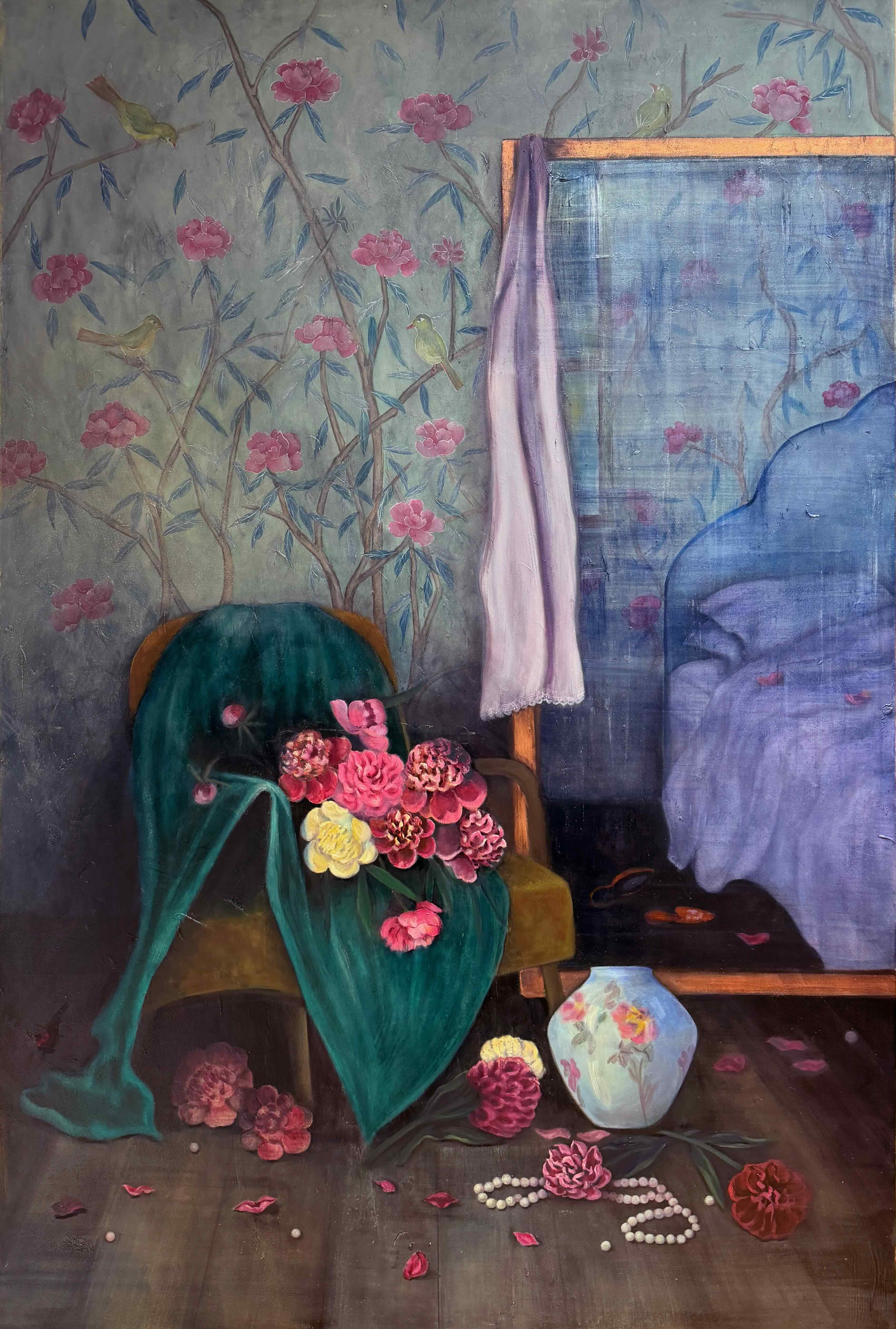 Beauty Where Peonies Fall explores how beauty can hold joy, longing and quiet melancholy at the same time. Through expressive peonies within a Chinoiserie-inspired interior, the painting invites a deeper reflection on emotion, impermanence and what makes beauty truly meaningful.