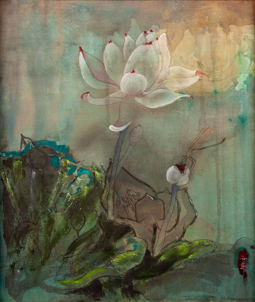 Becoming Lotus, a mixed media lotus painting combining oil on canvas with ink, mineral pigments and silk, inspired by the classical Chinese saying 出淤泥而不染 and exploring integrity through layered materials.