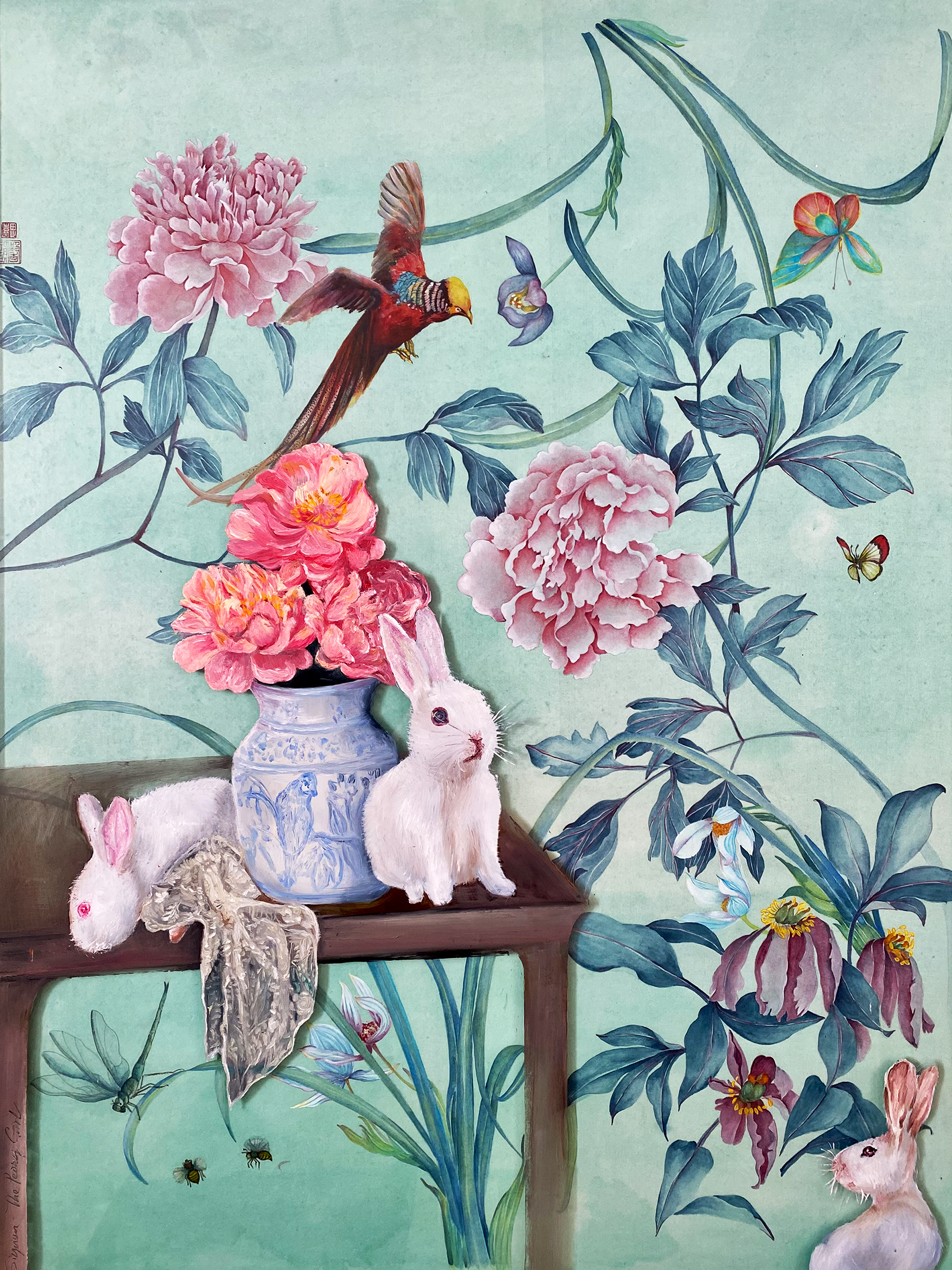 A whimsical illustrated scene with white rabbits, pink peony flowers, a blue-and-white ceramic vase, butterflies, and a colorful bird on a pale aqua background with botanical vines.