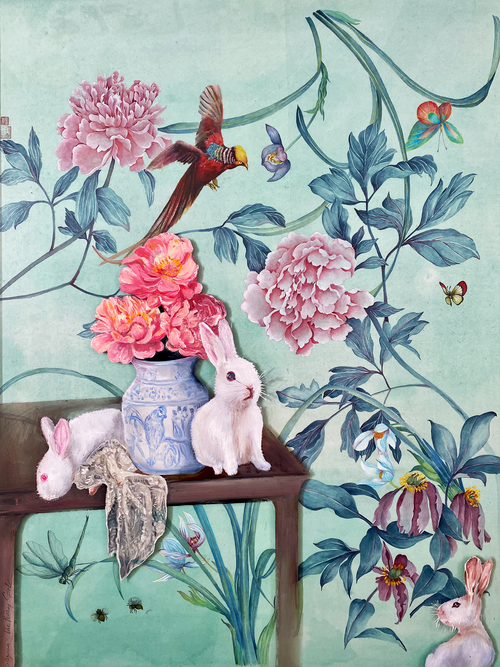 A whimsical illustrated scene with white rabbits, pink peony flowers, a blue-and-white ceramic vase, butterflies, and a colorful bird on a pale aqua background with botanical vines.