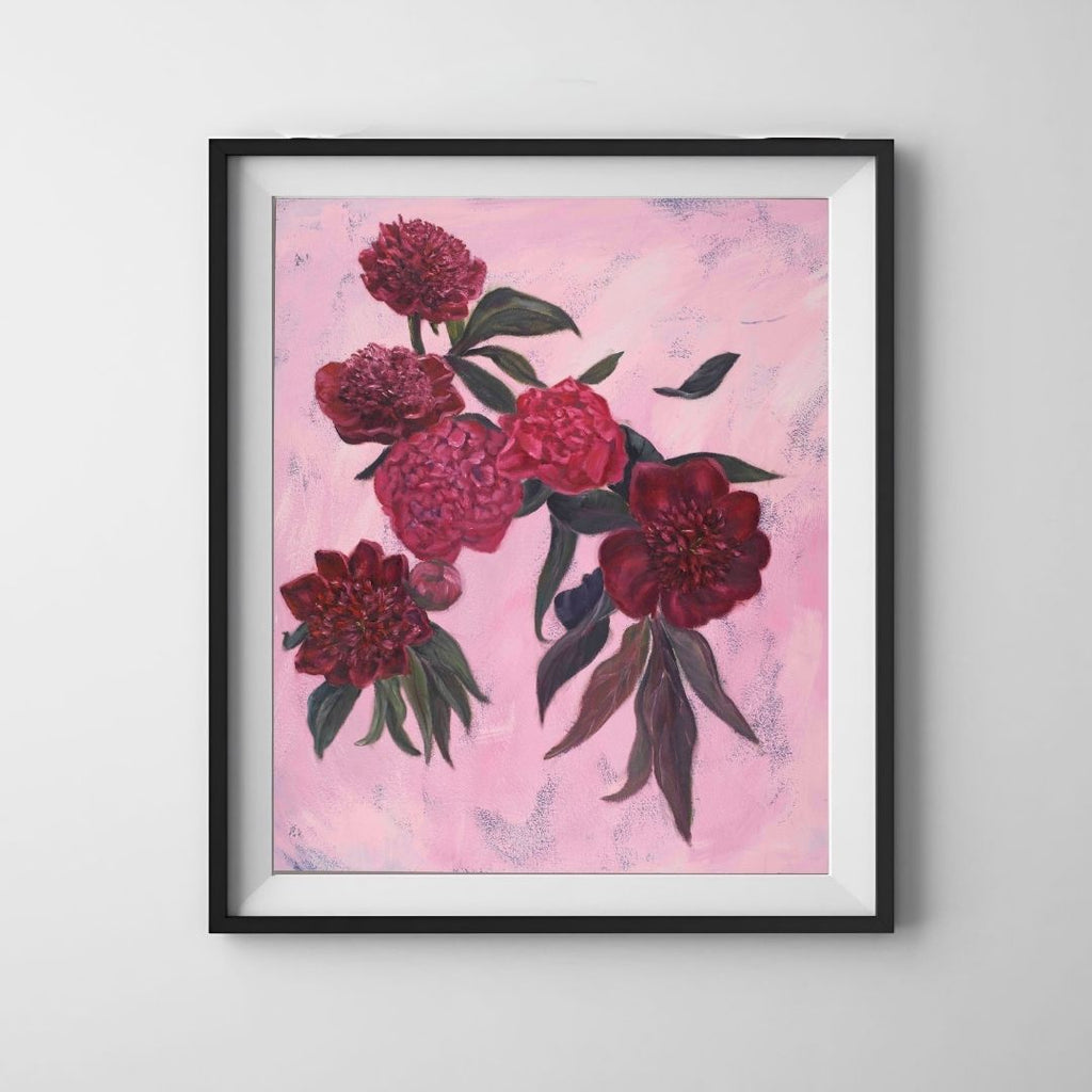 Dark peonies on pink background framed 