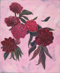 A painting of several dark red and pink peony flowers with green leaves on a textured light pink background.