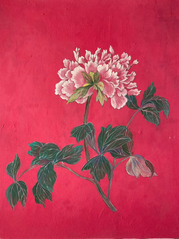 A painting of a pink peony flower with green leaves on a textured, vibrant pink background.
