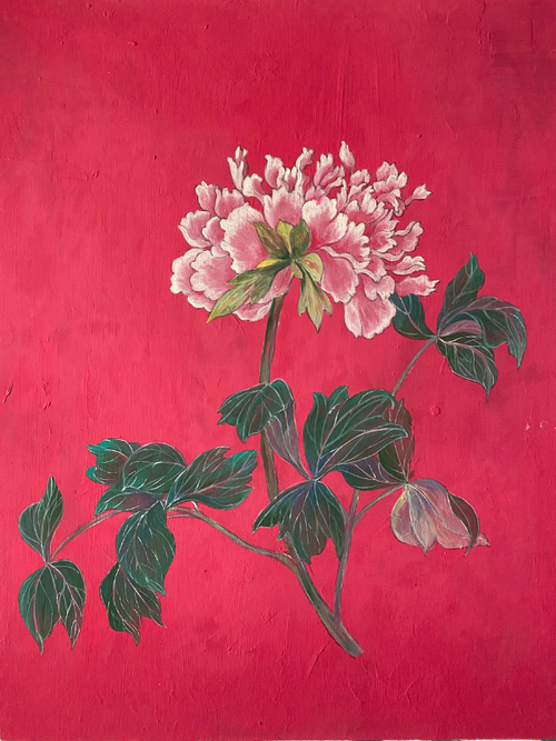 A painting of a pink peony flower with green leaves on a textured, vibrant pink background.