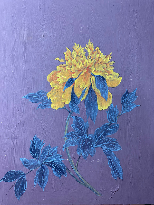 A floral portrait of a luminous yellow tree peony painted with Annie Sloan Chalk Paint on a wooden panel, celebrating the graceful beauty of one of the garden's most treasured flowers.