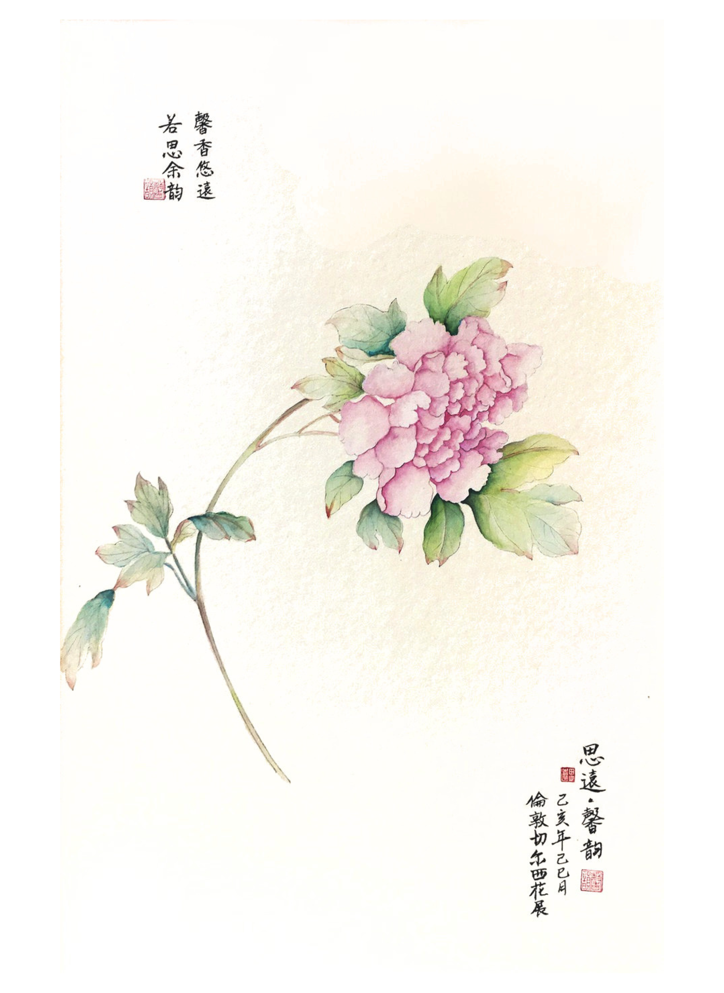 A traditional Chinese Gongbi painting of a pink peony flower with green leaves on a textured off-white background, featuring elegant black calligraphy and red seals.