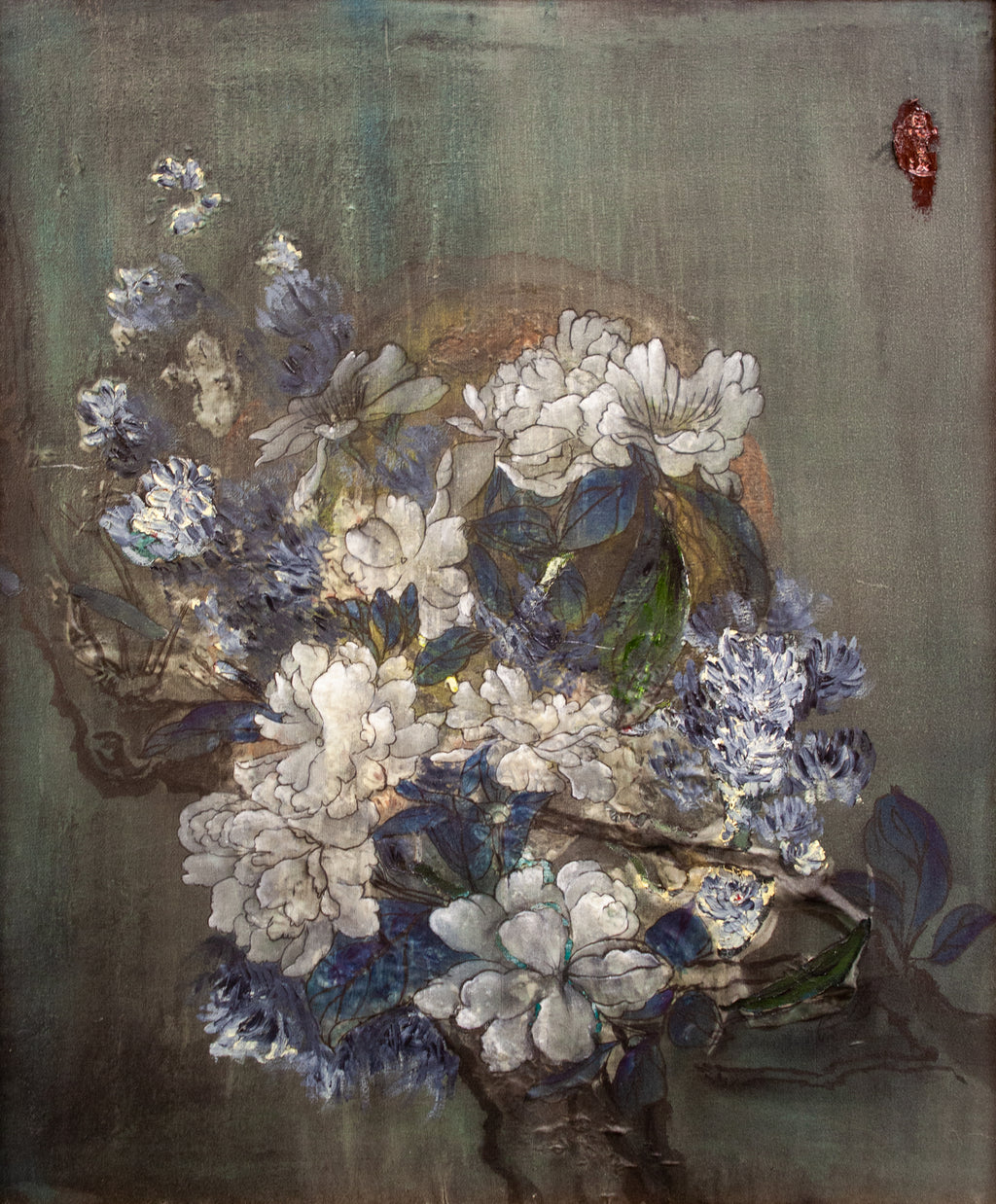 An impressionist-style painting of a bouquet of white and blue flowers, likely peonies, with a muted green-gray background and a small red insect detail in the upper right.