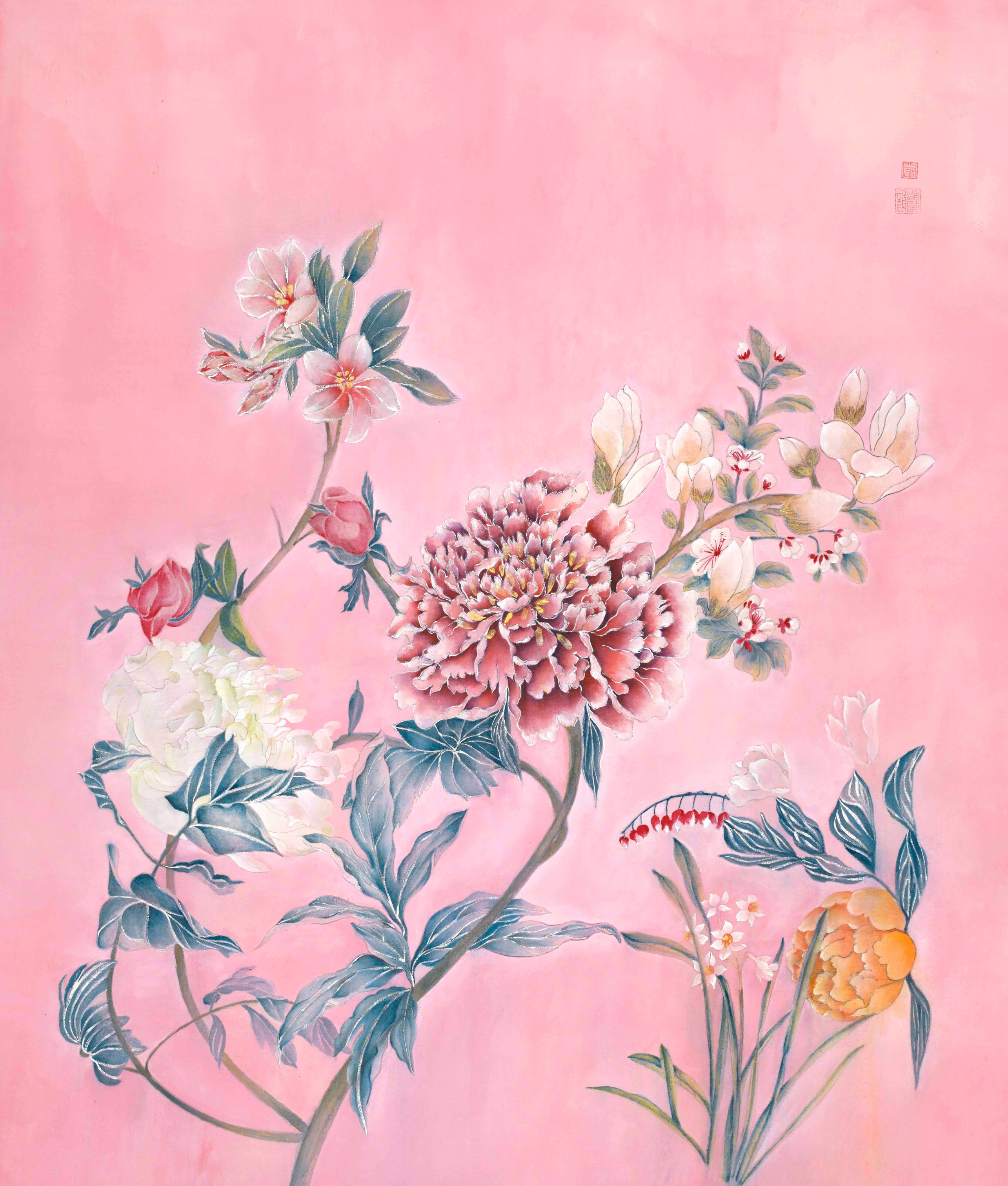 A floral art print featuring painted pink, white, and yellow blossoms with blue-green leaves on a soft pink background.