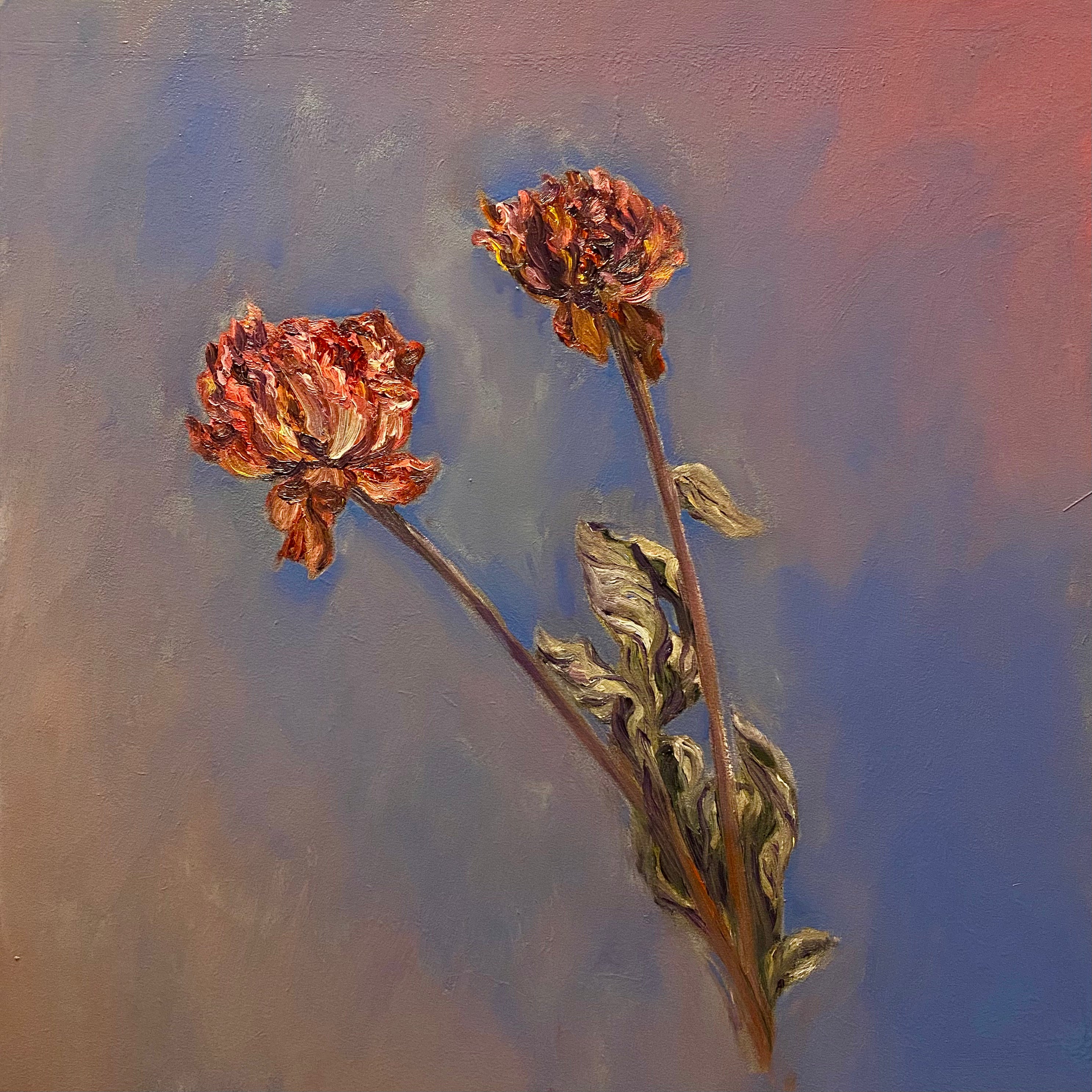 A contemplative painting exploring how relationships, memory and quiet companionship continue beyond physical presence through the preserved forms of two dried peonies.