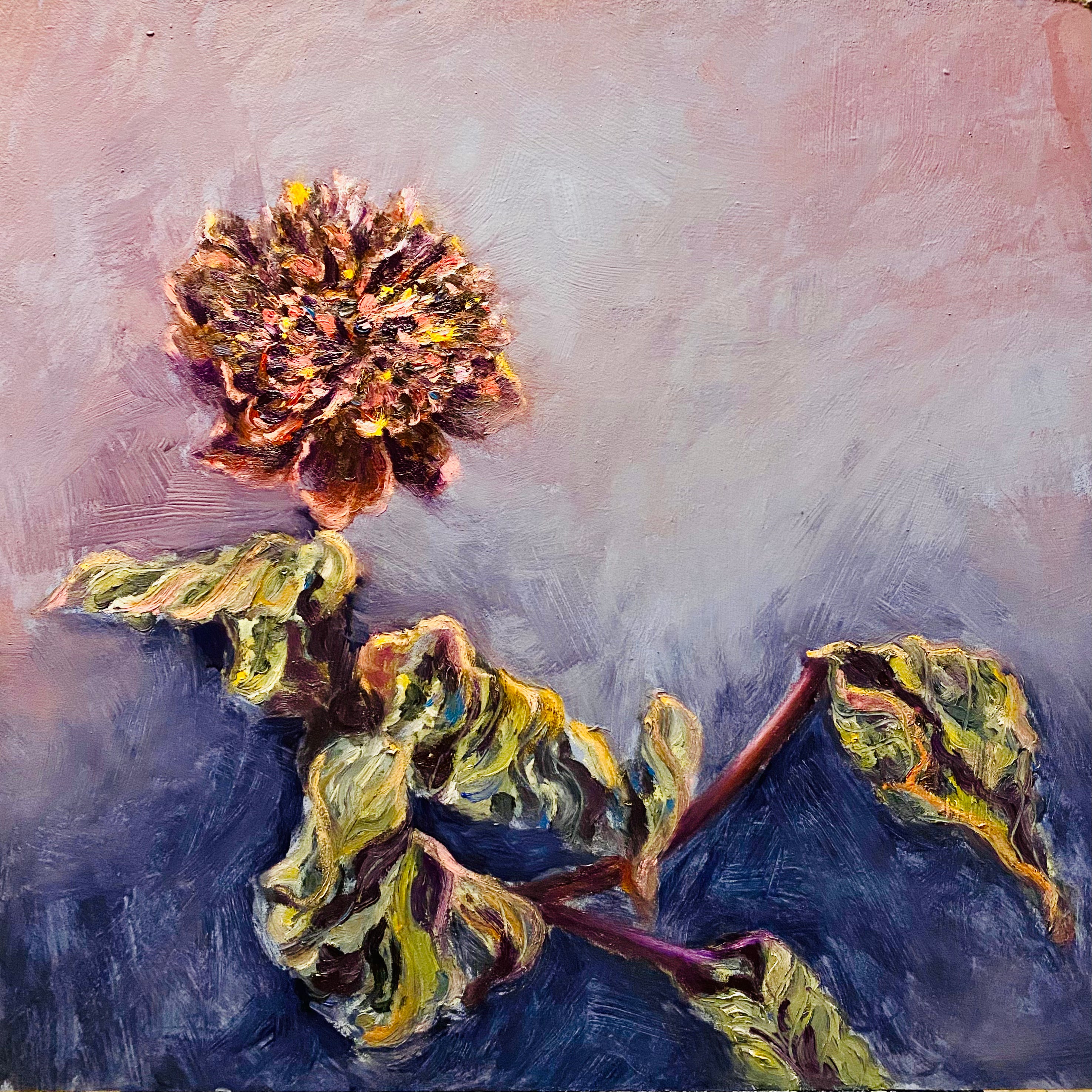 A contemplative painting from the Life After Death series, exploring how beauty, identity and presence can endure beyond physical life through the preserved form of a dried peony.