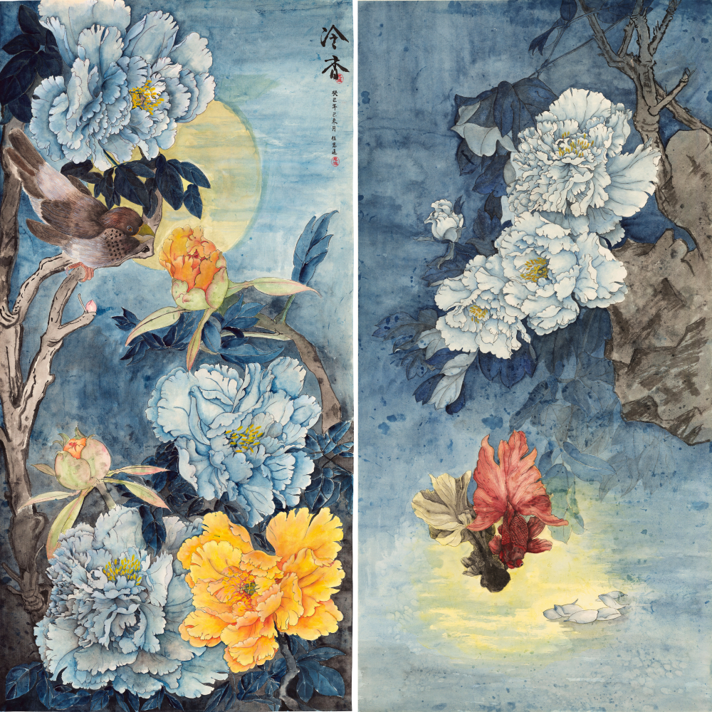 A contemplative diptych inspired by the Mid-Autumn Festival, where one full moon unites sky and water in an imagined landscape of peonies, birds and goldfish, offering a quiet reflection on harmony and connection.