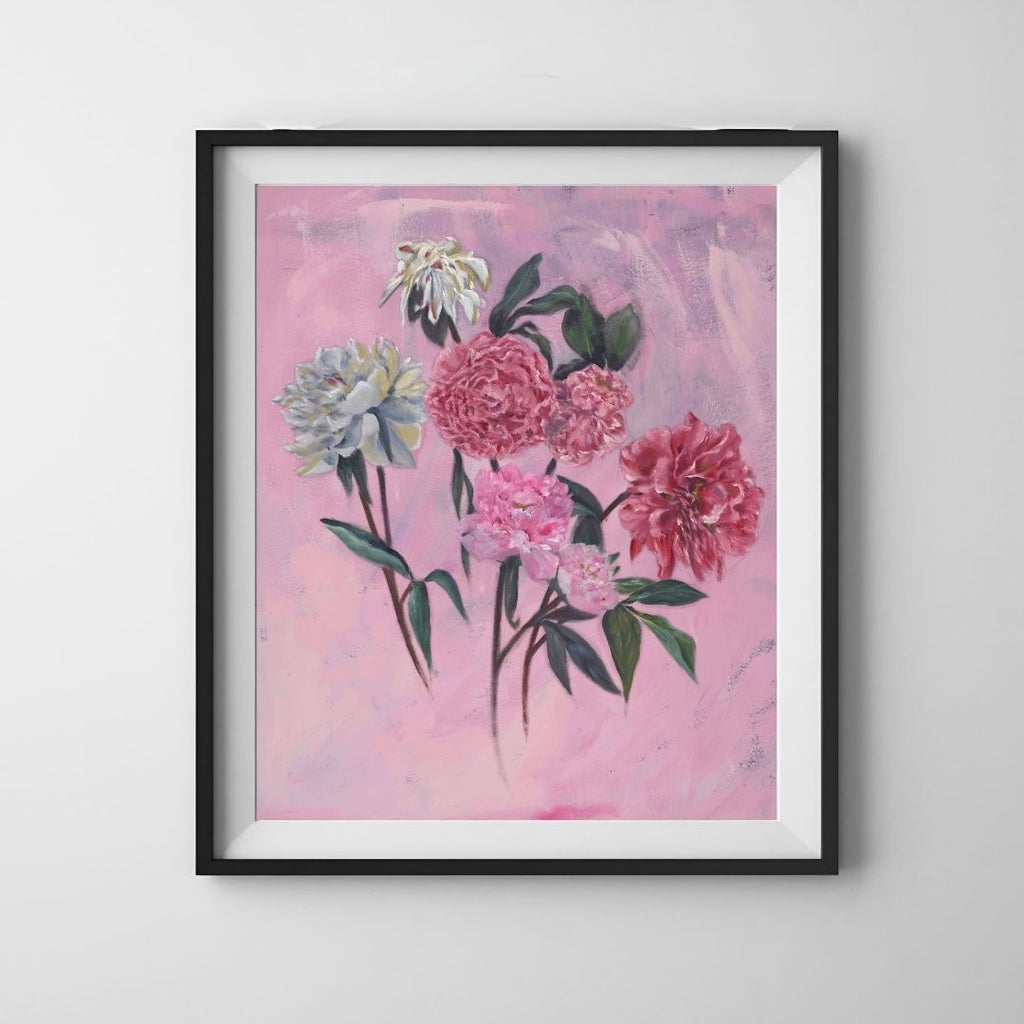 An original floral composition celebrating the timeless beauty of peonies through expressive oil painting.