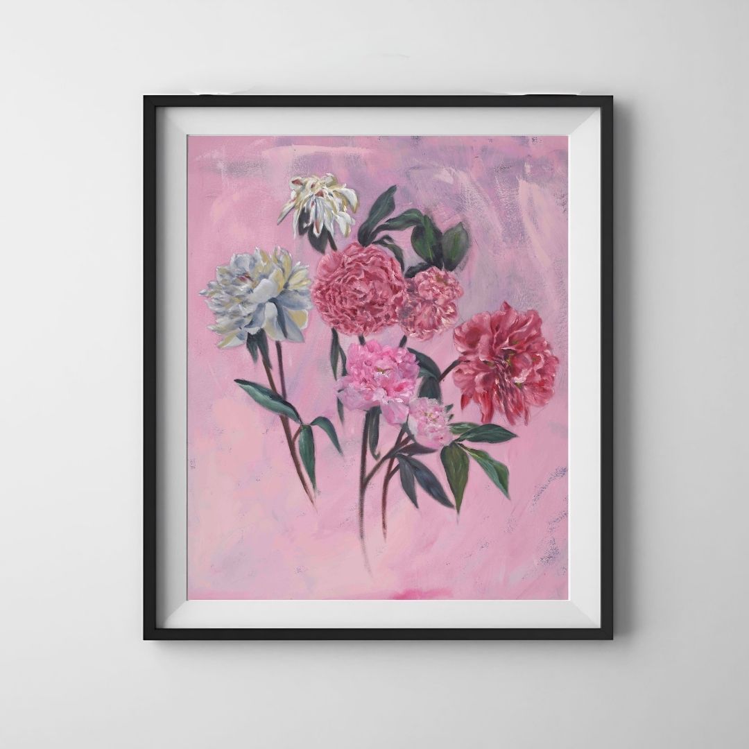 An original floral composition celebrating the timeless beauty of peonies through expressive oil painting.