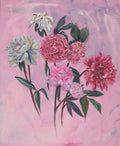 A floral painting featuring pink and white peonies with green leaves on a soft pink background.
