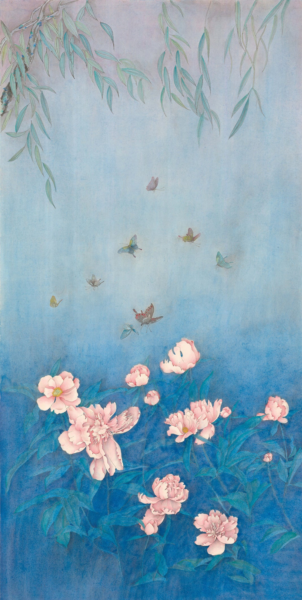 The left panel of Xanadu introduces a dreamlike landscape where butterflies drift above blooming peonies. Part of a larger triptych inspired by The Peach Blossom Spring, it invites viewers into an imagined world of peace and quiet reflection.