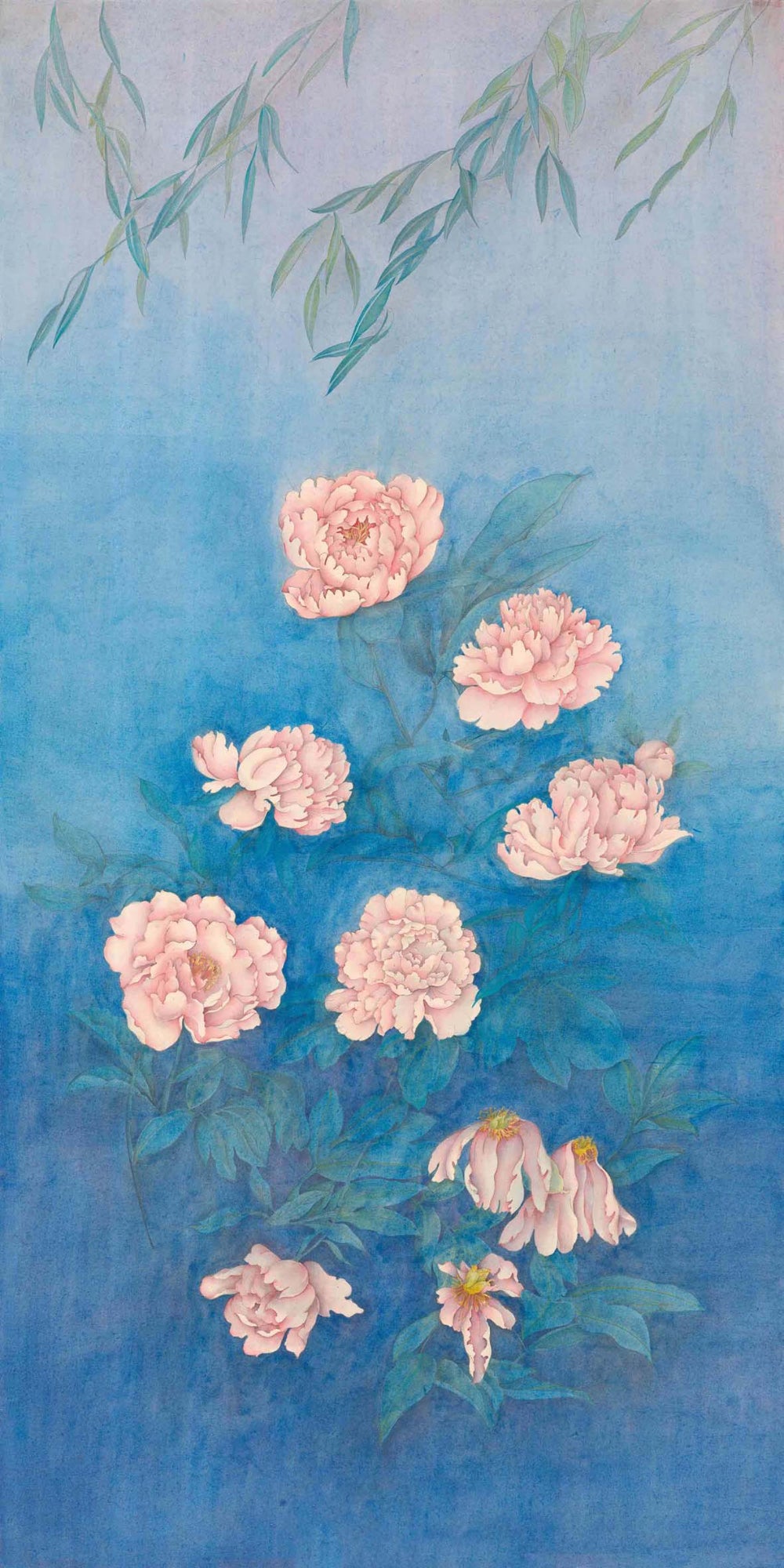 The central panel of Xanadu brings movement to the imagined landscape as swallows cross an endless blue sky above peonies and willow branches. Part of a triptych exploring tranquillity, harmony and the enduring search for inner peace.