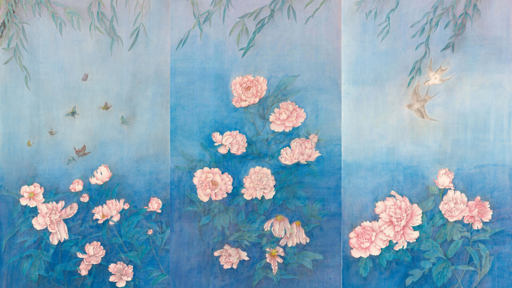 Inspired by Tao Yuanming's The Peach Blossom Spring, Xanadu is a dreamlike triptych painted with ink and mineral pigments on rice paper. Across three panels, peonies, butterflies, swallows and willow branches create an imagined sanctuary that reflects the search for peace and inner tranquillity.